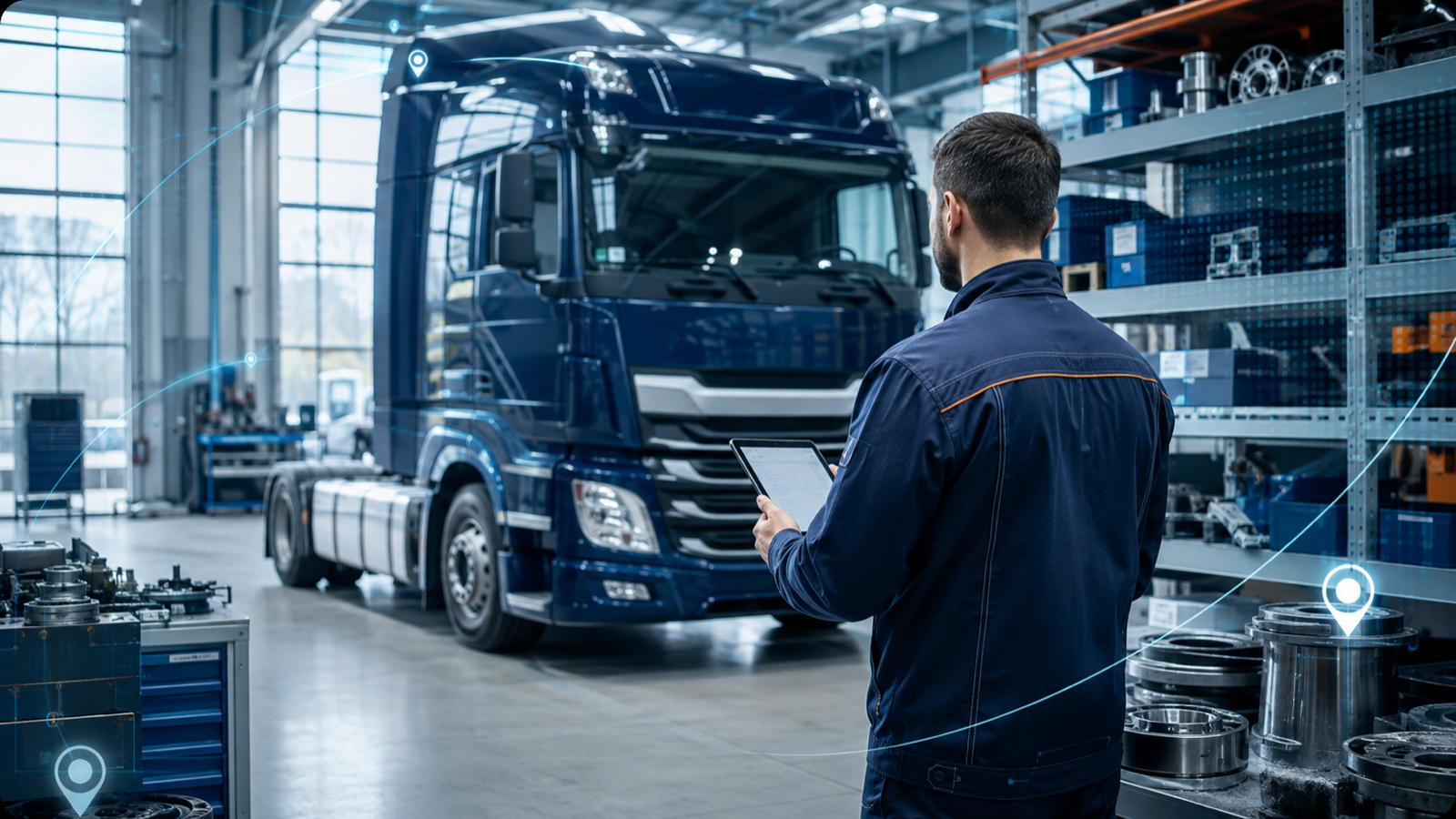 Atelier poids lourds connecté aux données techniques et aux stocks